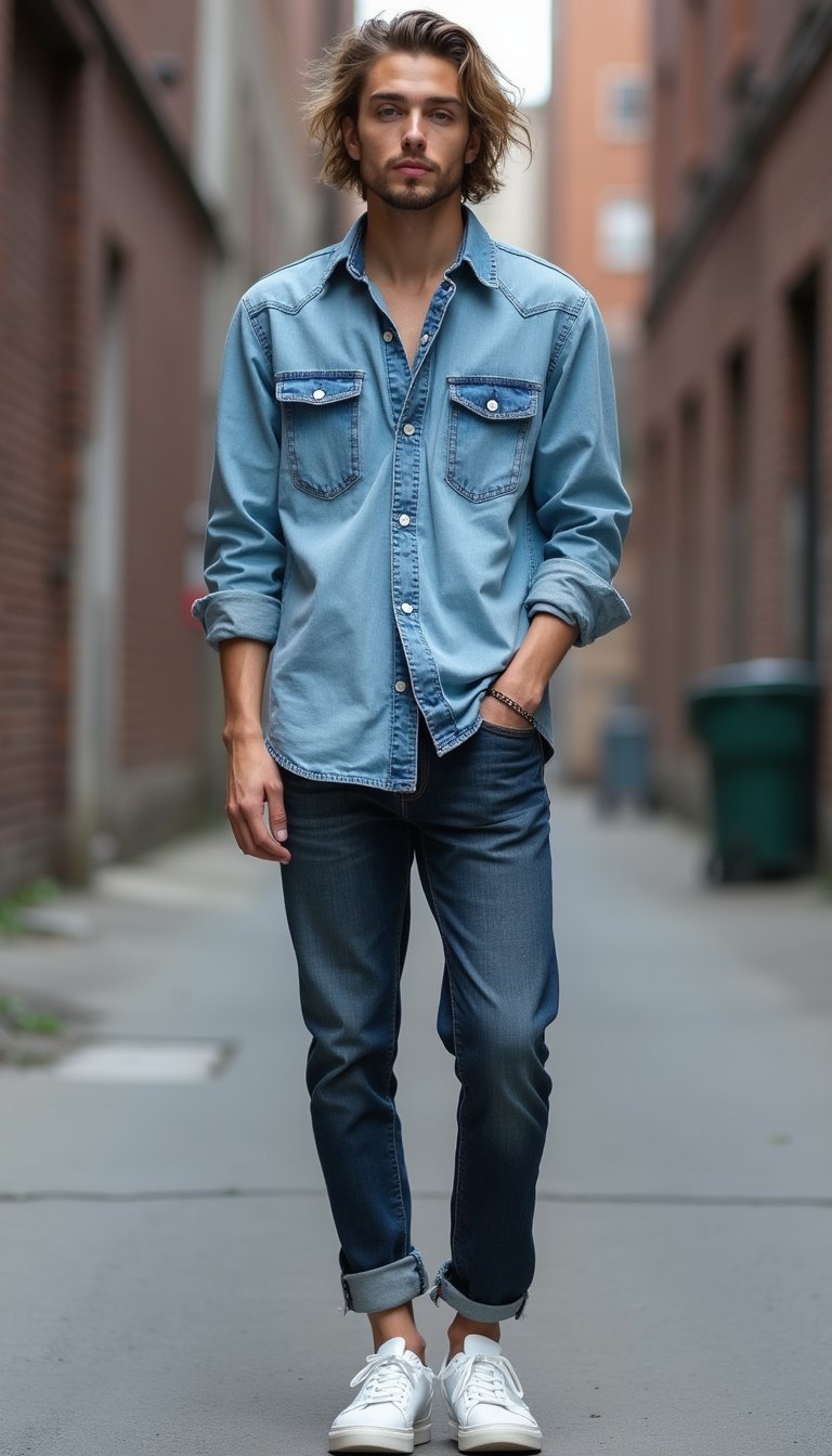 Denim Sur Denim Relâché Et Baskets Blanches Modernes