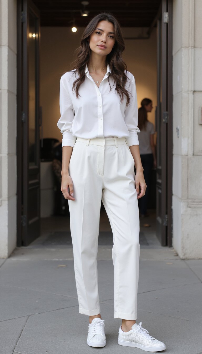 Look Monochrome Blanc Avec Baskets Blanches Stylées