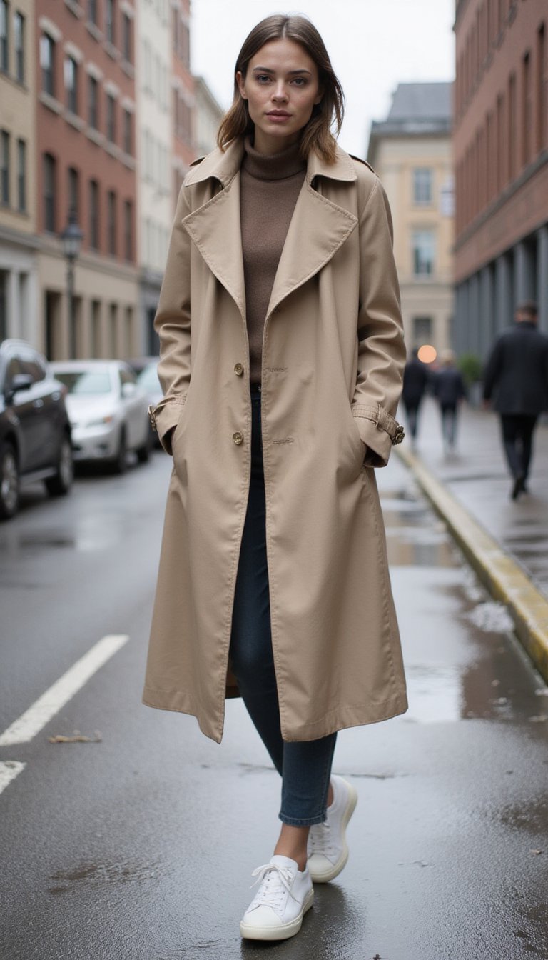 Manteau Trench Classique Et Baskets Blanches Minimalistes