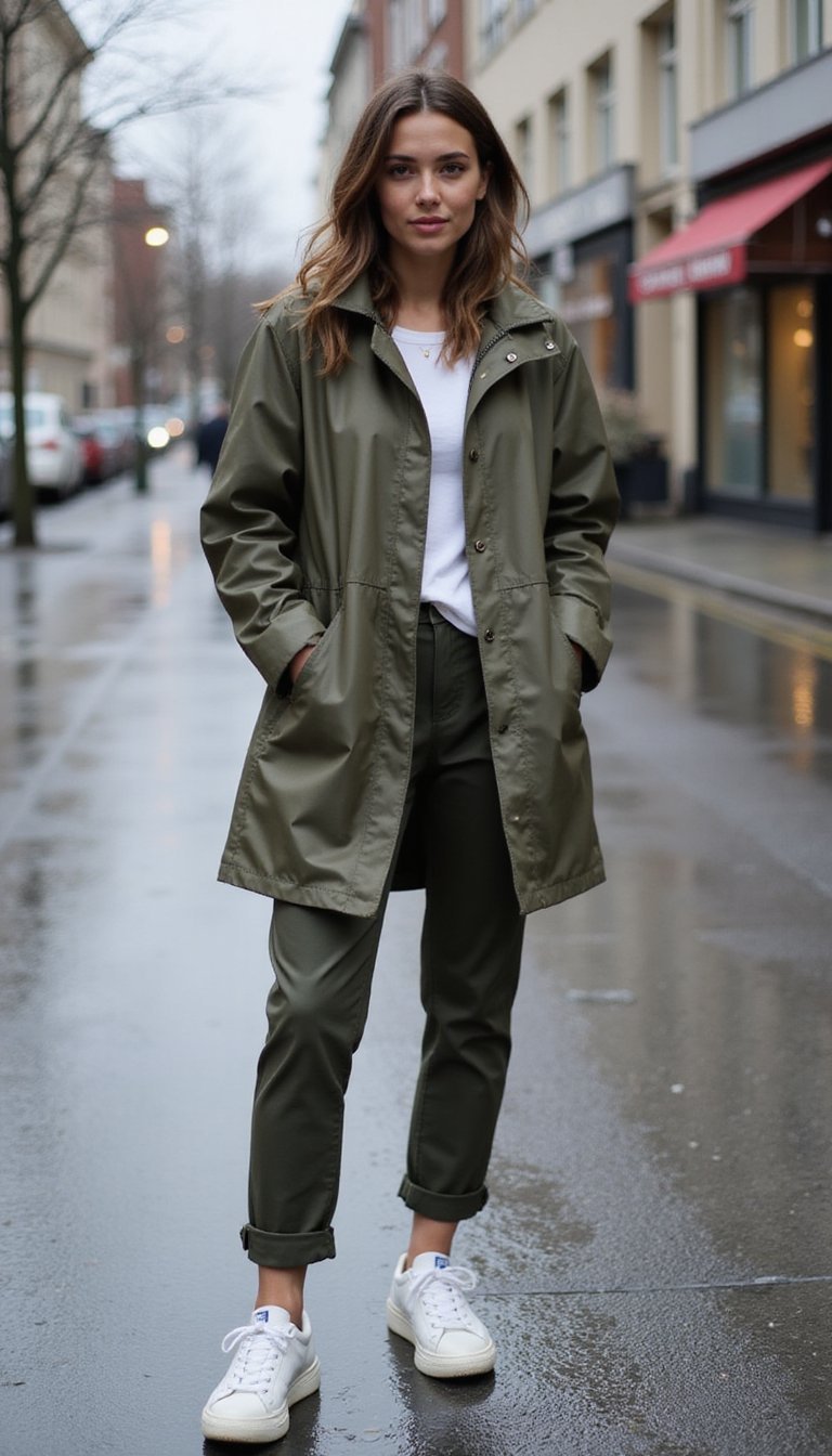 Parka Imperméable Et Baskets Blanches Pour Pluie Fine