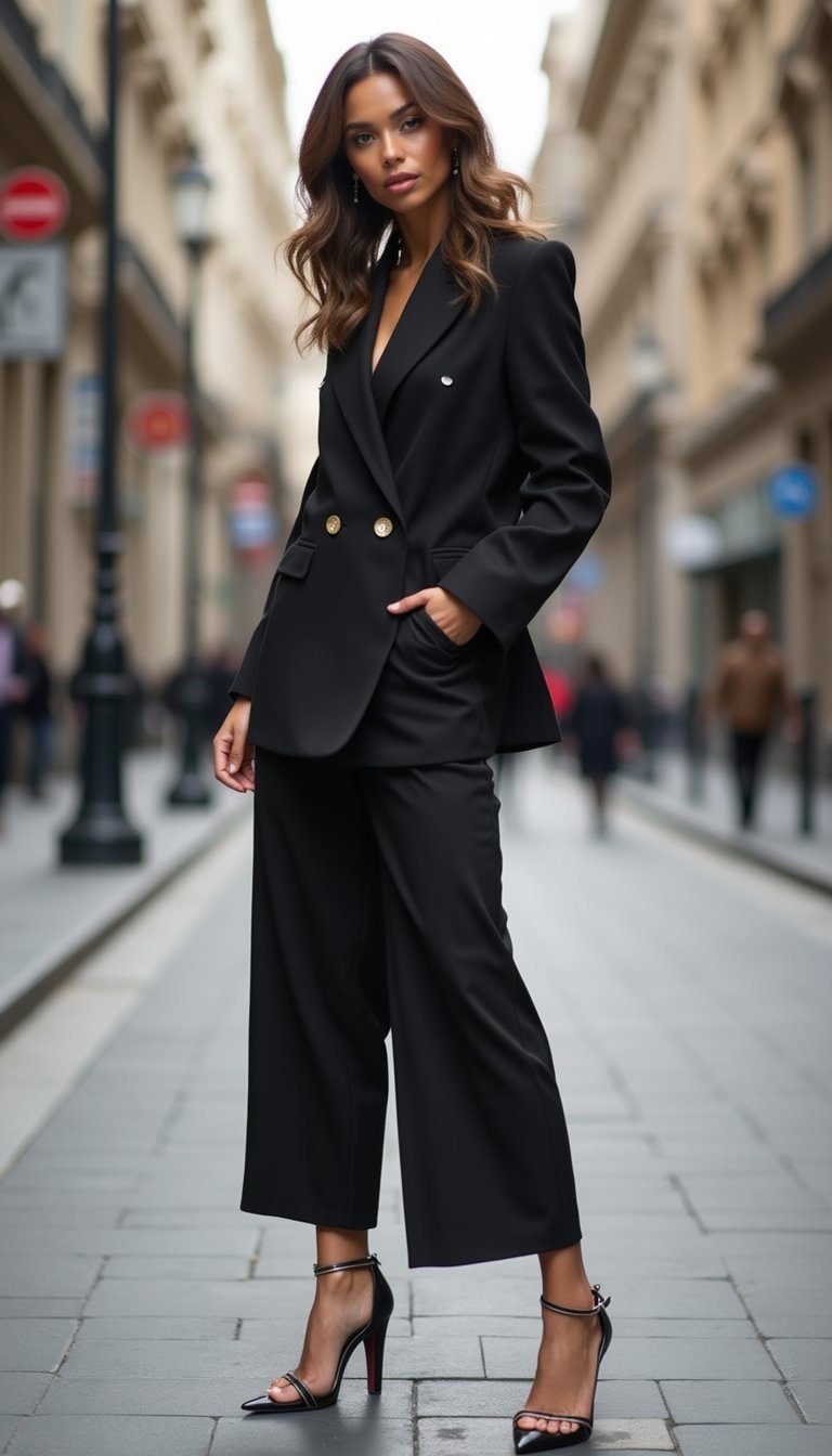 Blazer Structuré À Boutons Croisés Avec Pantalon Fluide