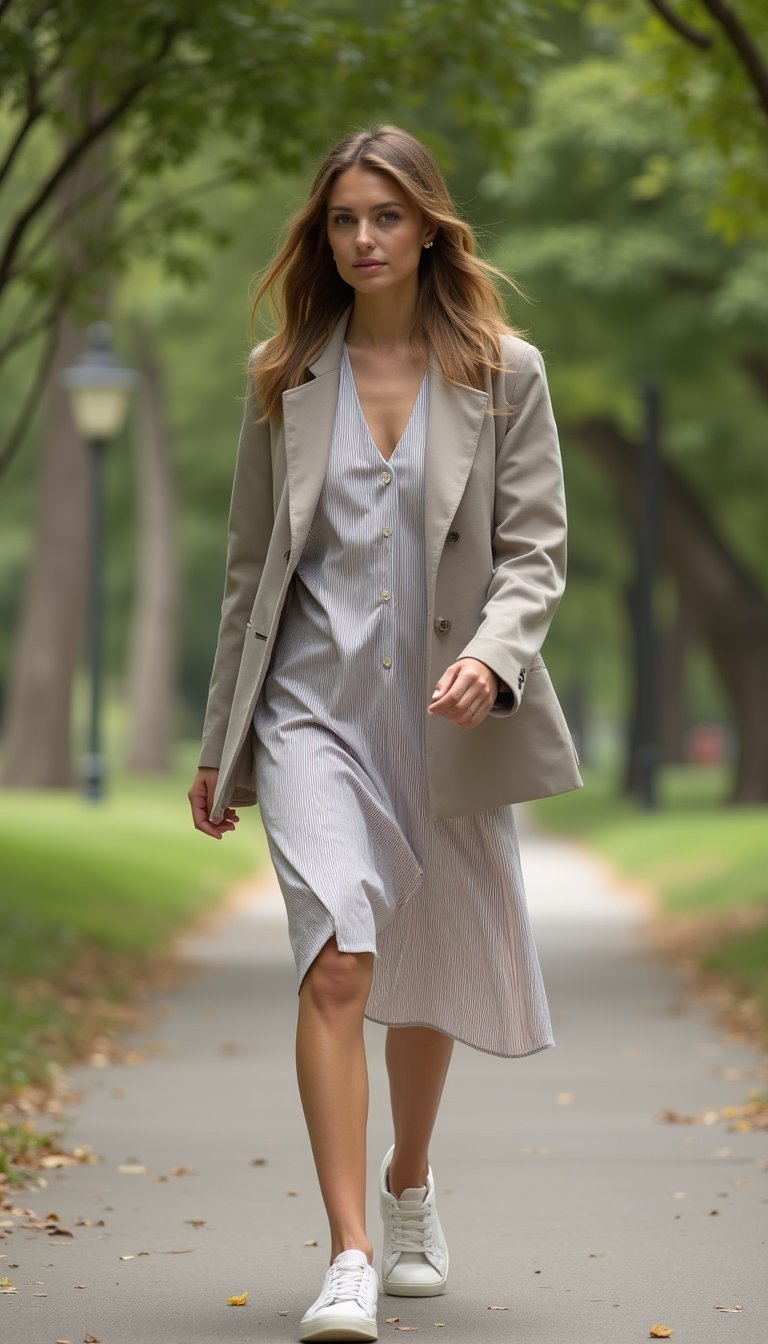 Blazer Structuré Grège Avec Robe Chemise Rayée