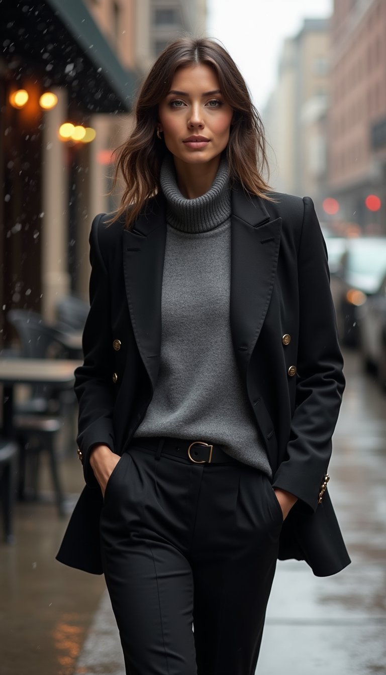 Blazer Structuré Noir Avec Pull Col Roulé Gris