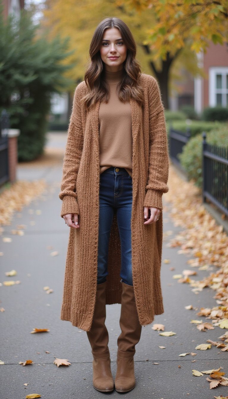 Cardigan Long Et Bottes Plates Décontractées