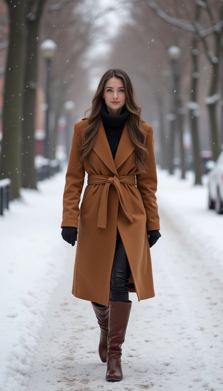 Manteau Long Ceinturé Avec Bottes Hautes