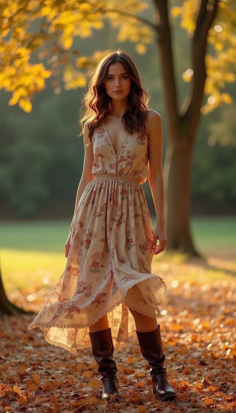 Robe Midi Fluide Et Bottes Rétro