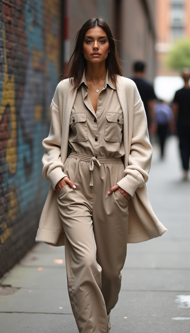 Cardigan Doux Sur Combinaison Utility Chic