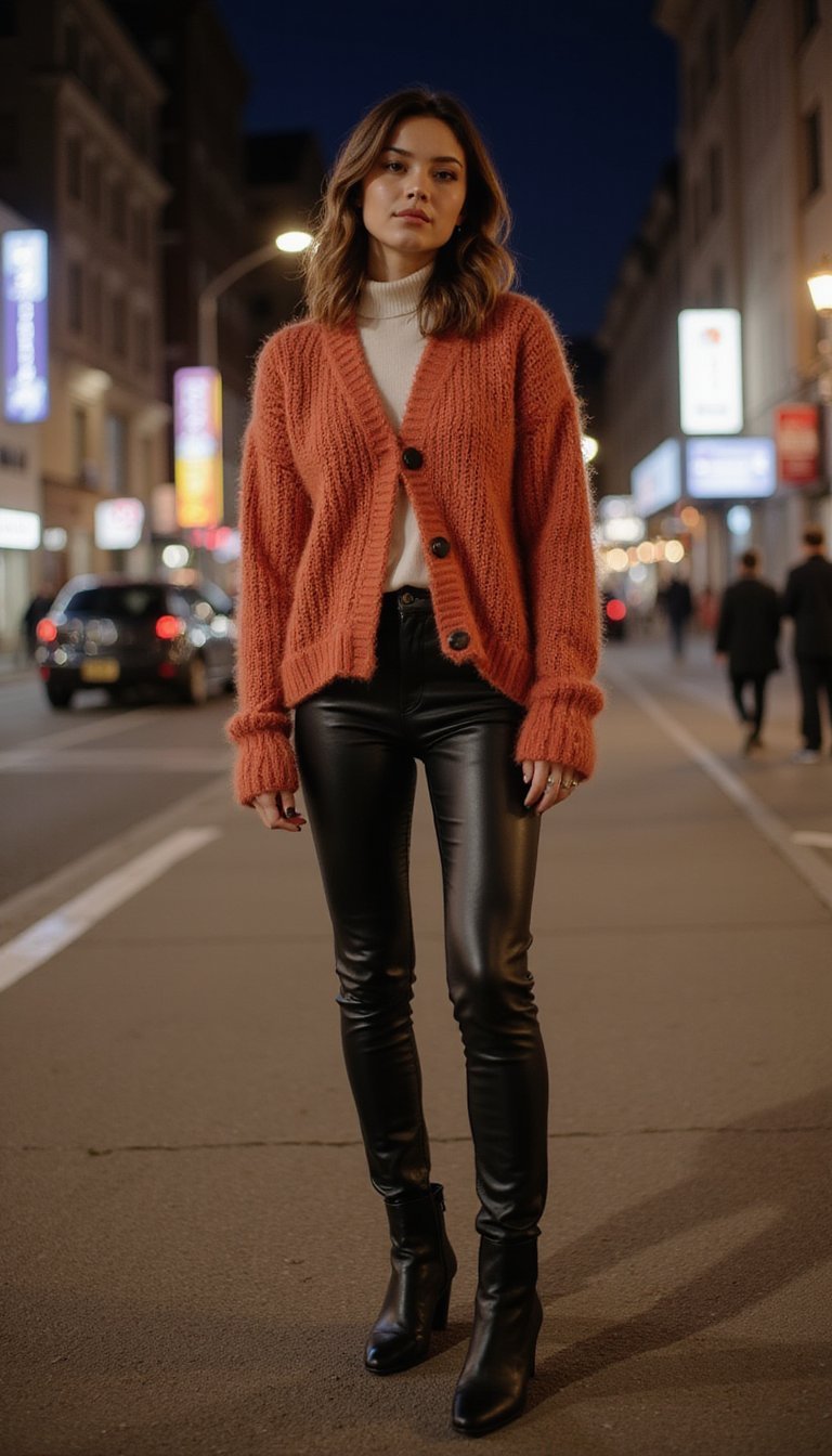 Cardigan À Grosse Maille Et Pantalon Cuir