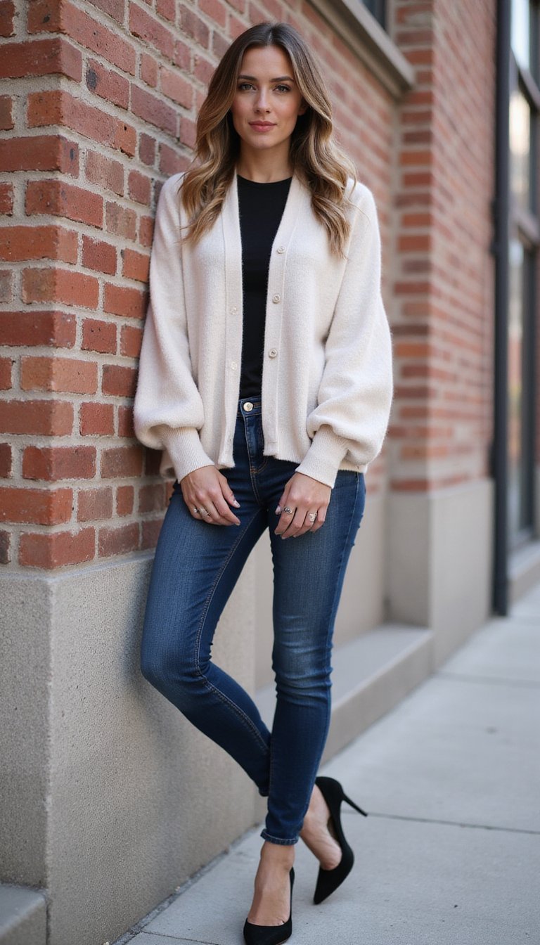 Cardigan À Manches Bouffantes Et Jeans Skinny