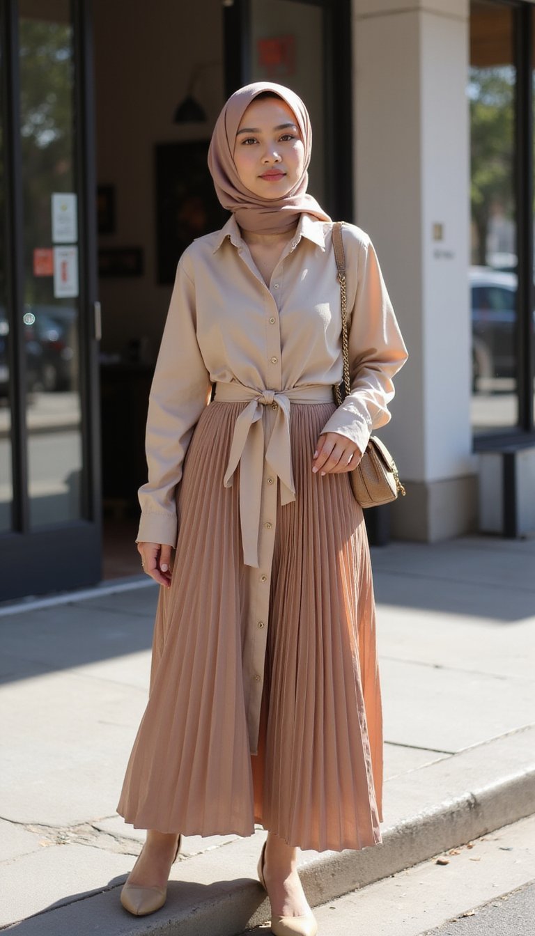 Chemise Longue Ceinturée Avec Jupe Plissée Élégante