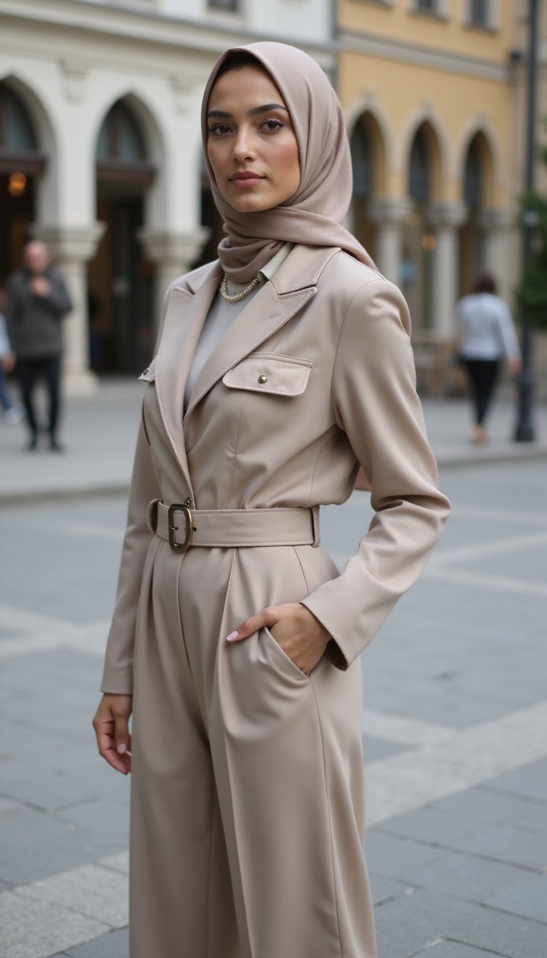 Combinaison Tailleur Ceinturée Avec Hijab Minimaliste