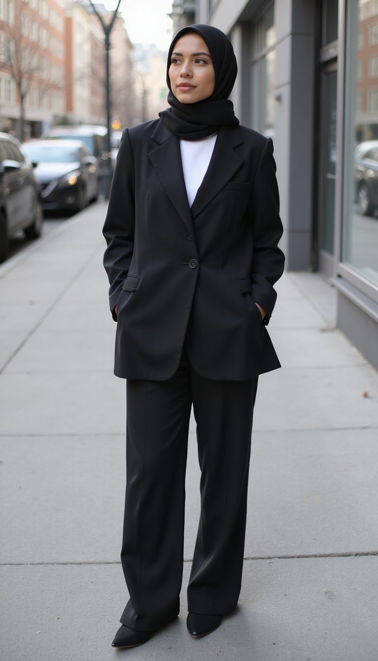 Ensemble Pantalon Tailleur Et Hijab Monochrome Chic