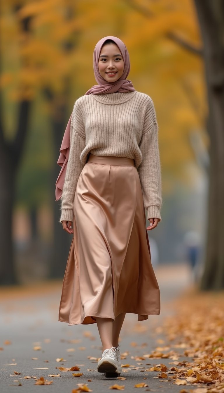 Jupe Midi Satinée Et Pull Col Roulé Doux Pour Hiver