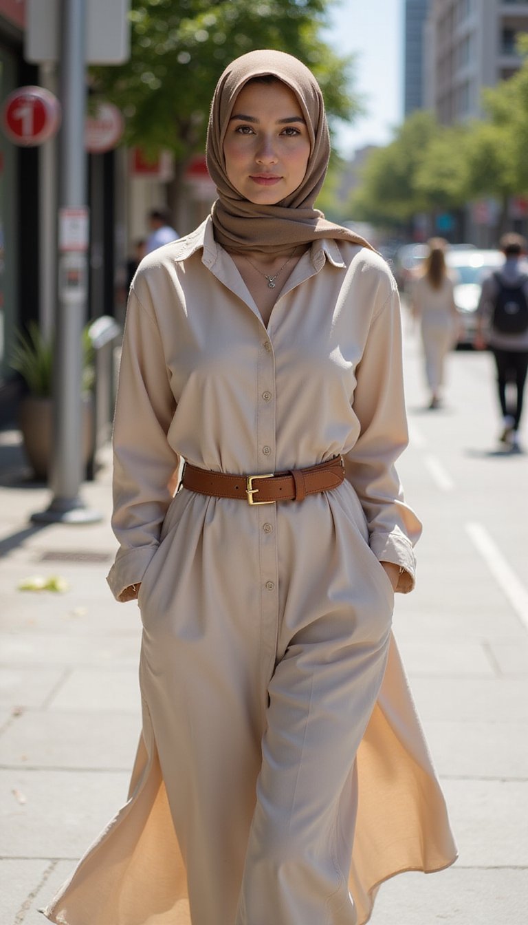 Robe Chemise Oversize Ceinturée Et Foulard Fin Stylé