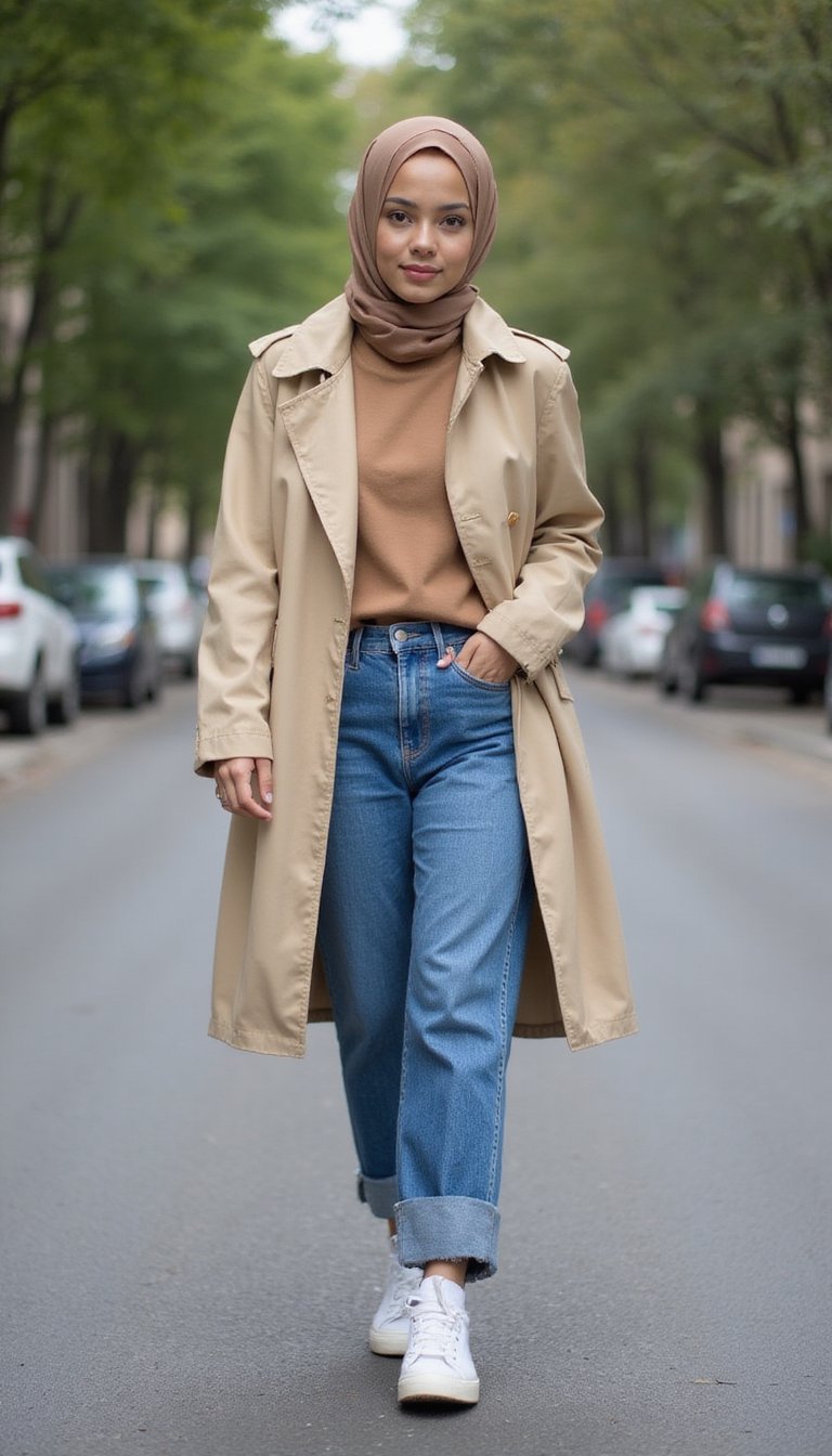 Trench Léger Et Jean Droit Pour Brunch Décontracté