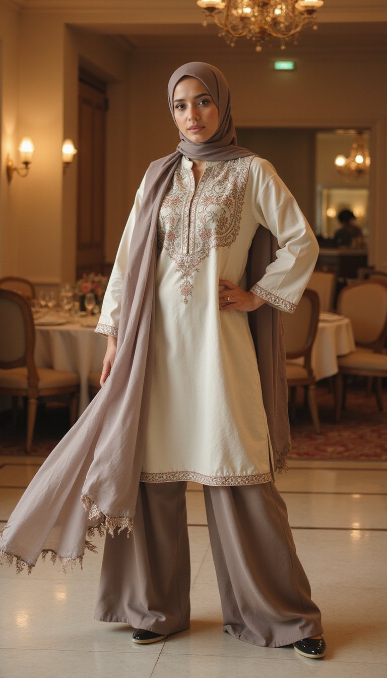 Tunique Brodée Et Pantalon Palazzo Pour Fêtes Élégantes