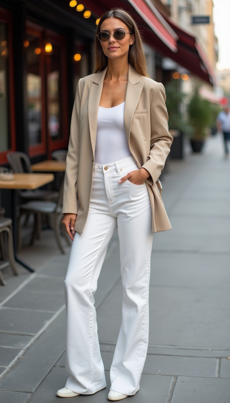 Jean Blanc Et Blazer Oversize Pour Bureau Chic