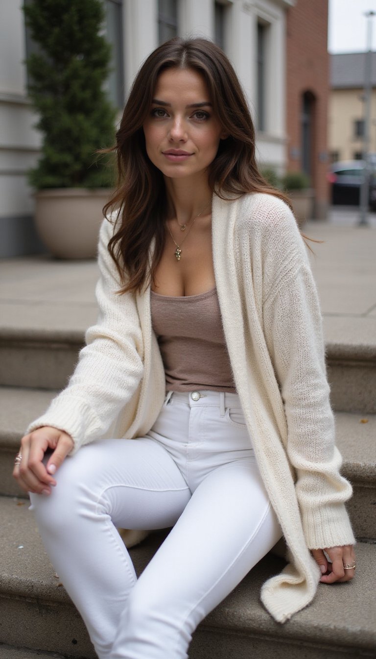 Jean Blanc Et Cardigan Long Pour Cocooning Chic Quotidien