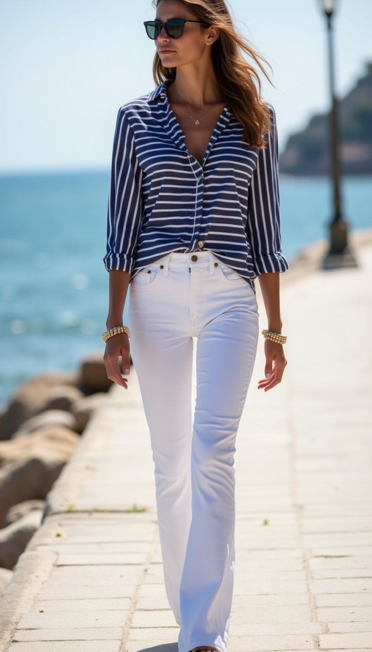 Jean Blanc Et Chemise Rayée Style Marin Décontracté