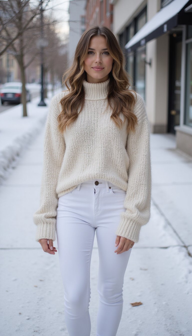 Jean Blanc Et Pull Col Roulé Minimaliste Hiver