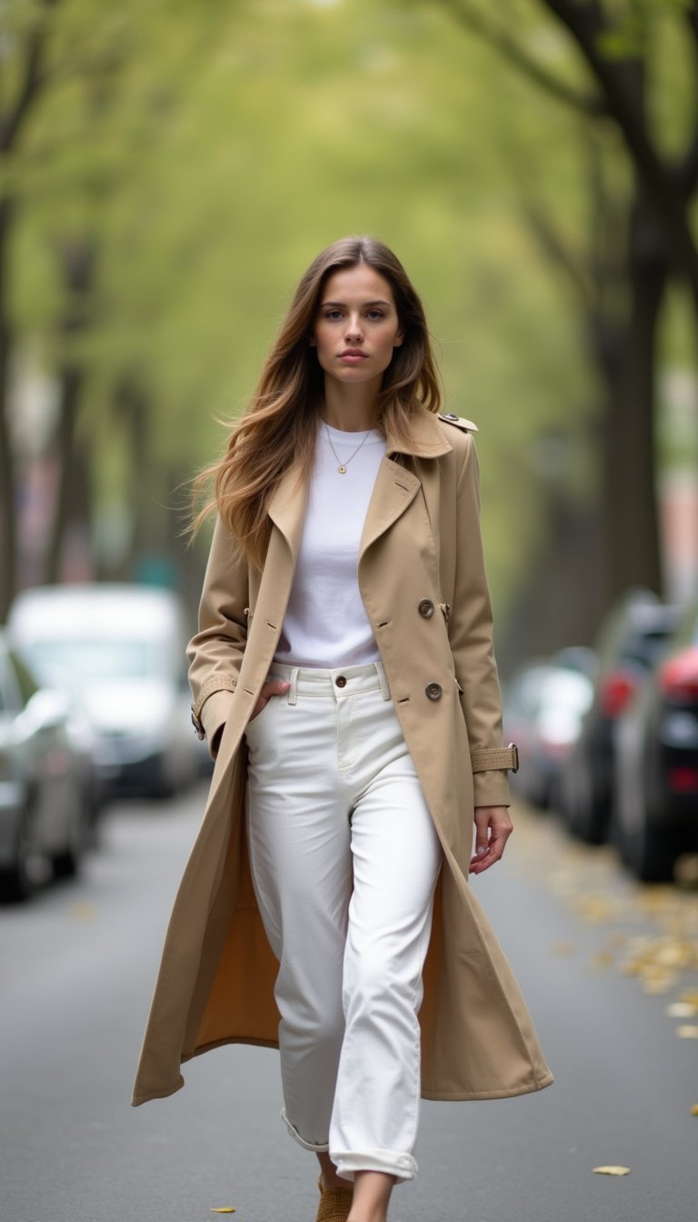 Jean Blanc Et Trench Beige Pour Printemps Léger