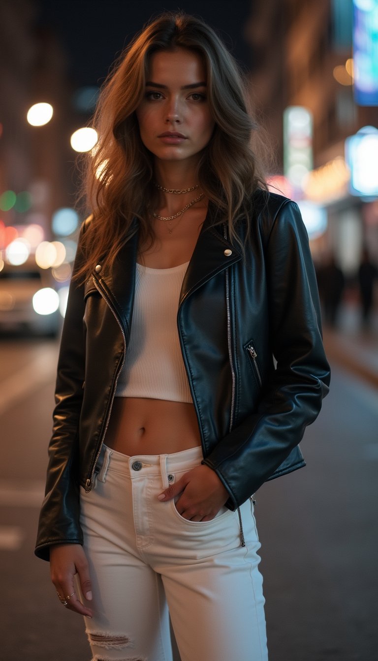 Jean Blanc Et Veste En Cuir Pour Sortie Rock Élégante