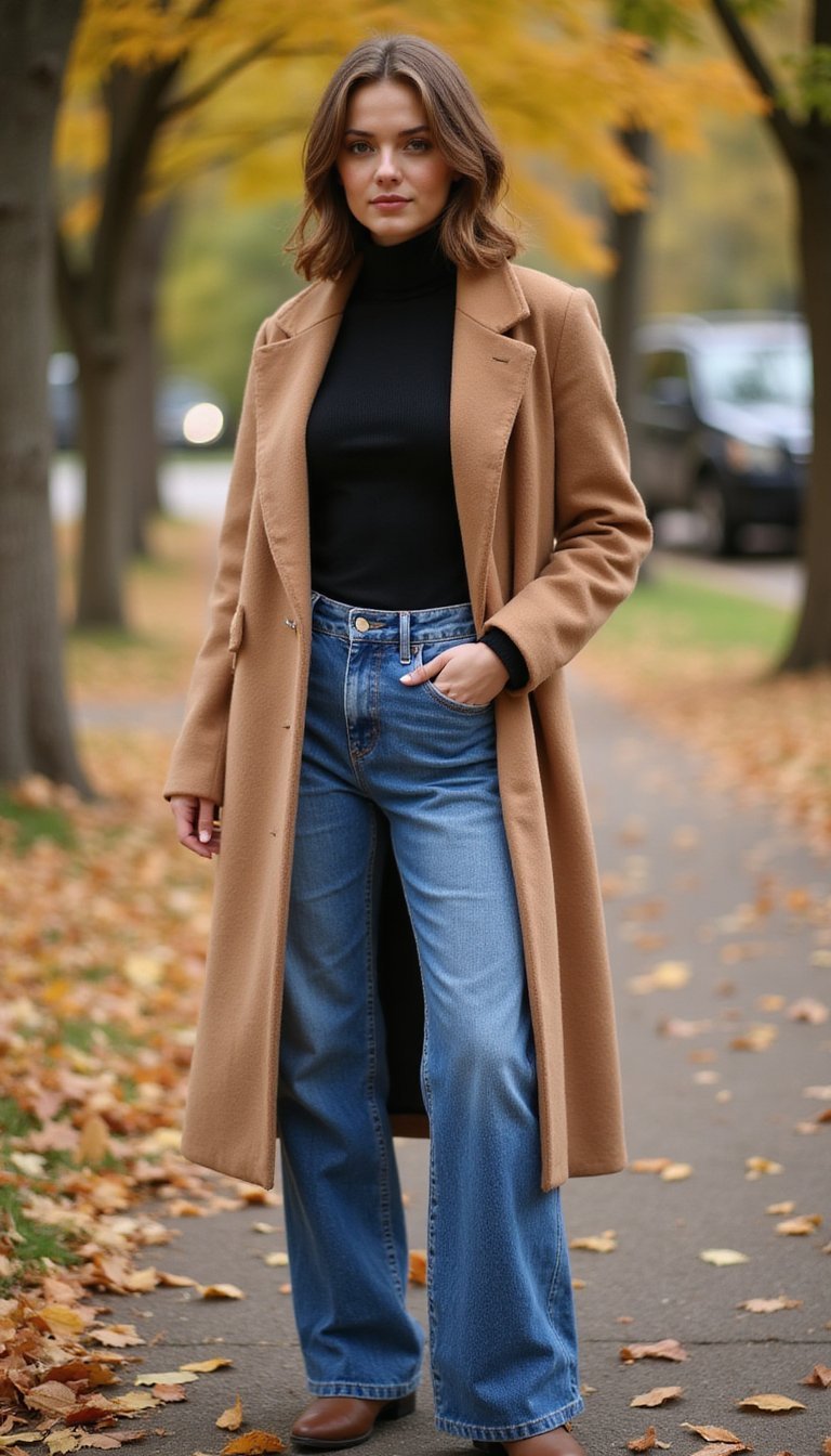 Élégance Décontractée: Jean Large Et Pull Col Roulé