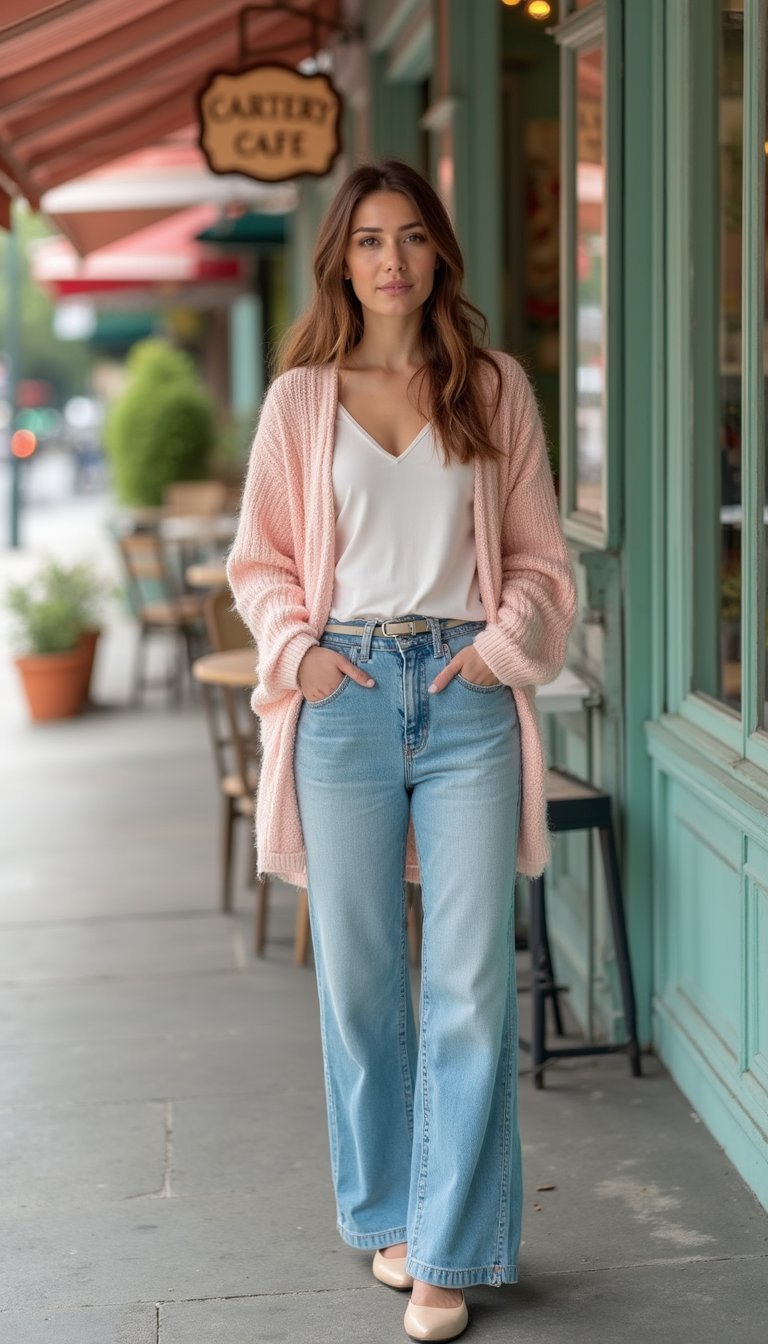 Look Printemps Pastel Avec Jean Large Et Cardigan