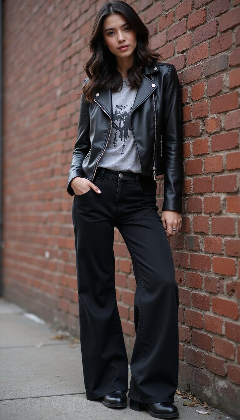 Rock Doux: Jean Large En Denim Noir Et Perfecto