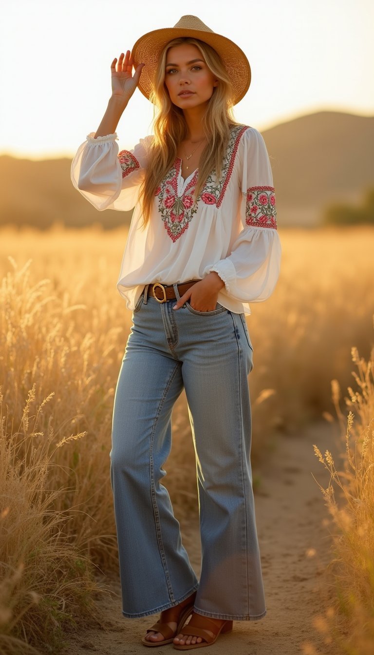 Été Bohème Avec Jean Large Et Blouse Fluide Brodée