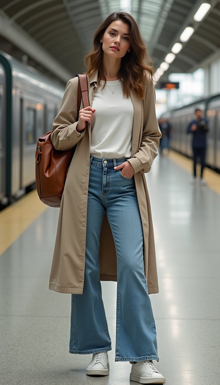 Tenue De Voyage Confortable Avec Jean Large Et Manteau
