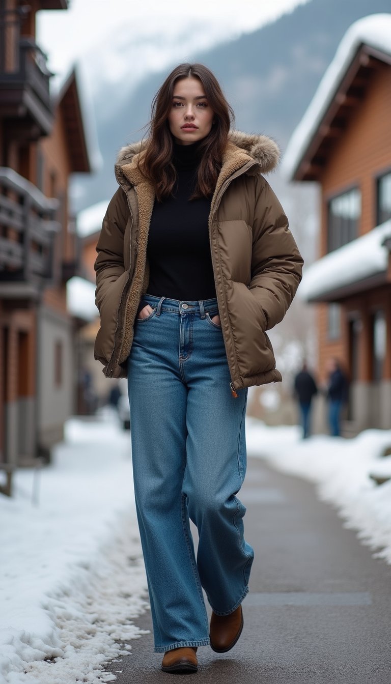 Weekend Montagnard Avec Jean Large Et Doudoune Légère