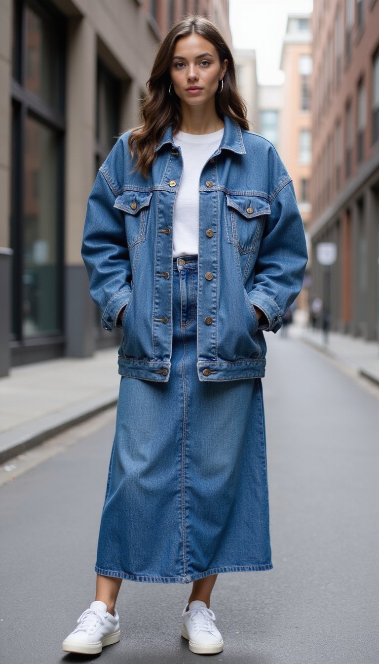 Jupe Longue En Jean Et Veste Oversize Urbain