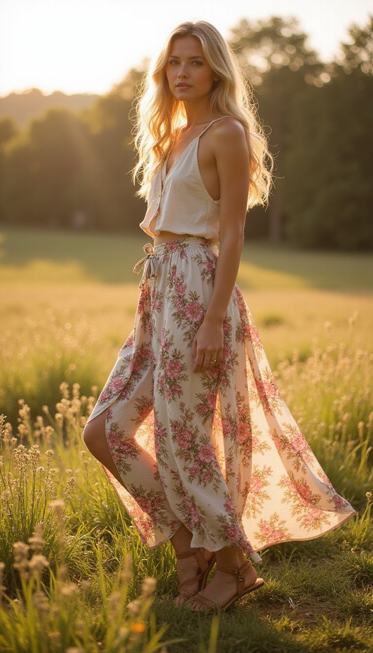 Jupe Longue Fleurie Et Sandales D'été Boho