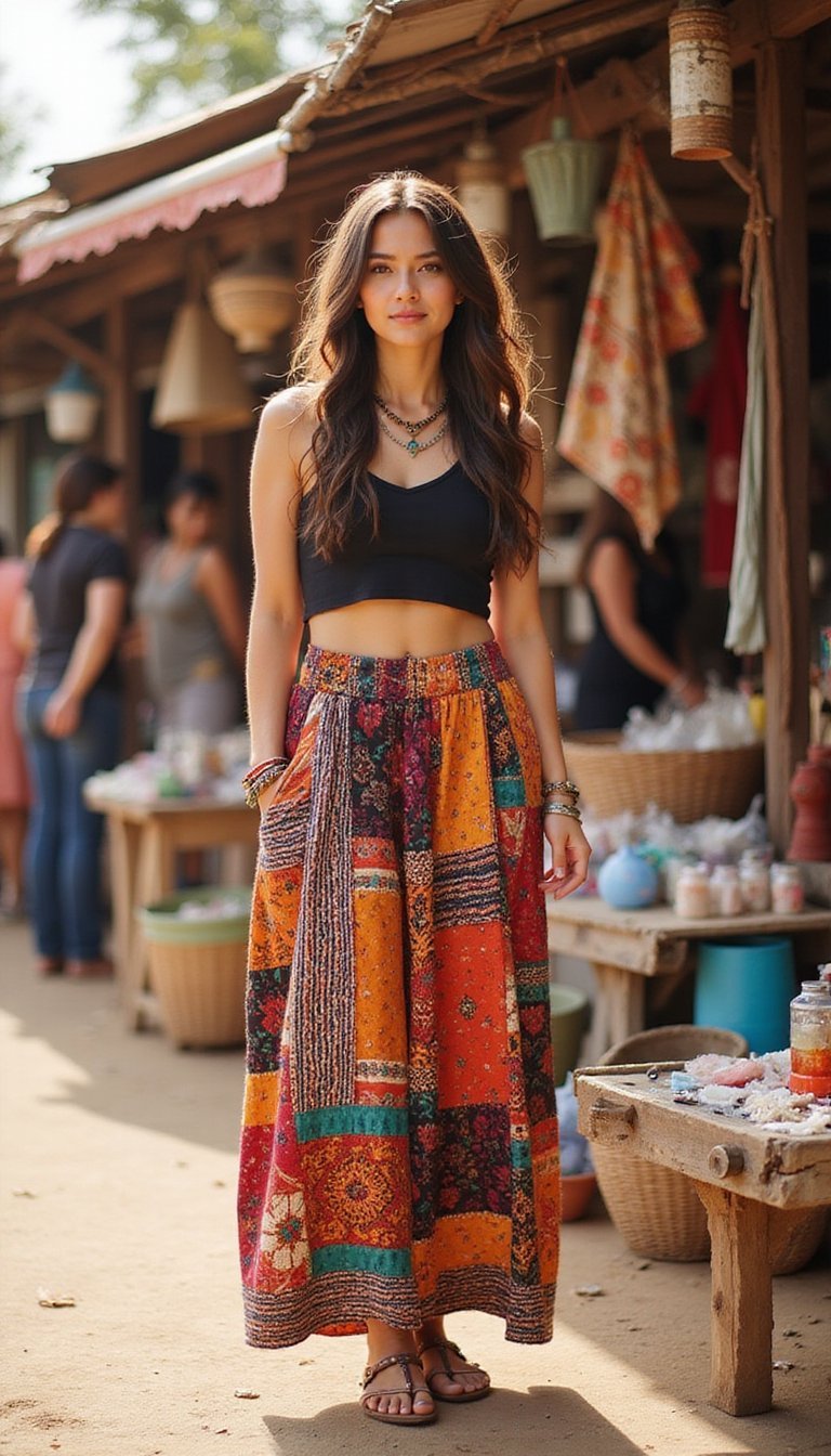 Jupe Longue Patchwork Colorée Et Accessoires Ethniques