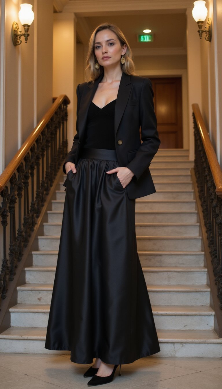 Jupe Longue Satinée Noire Et Blazer Smoking Soir