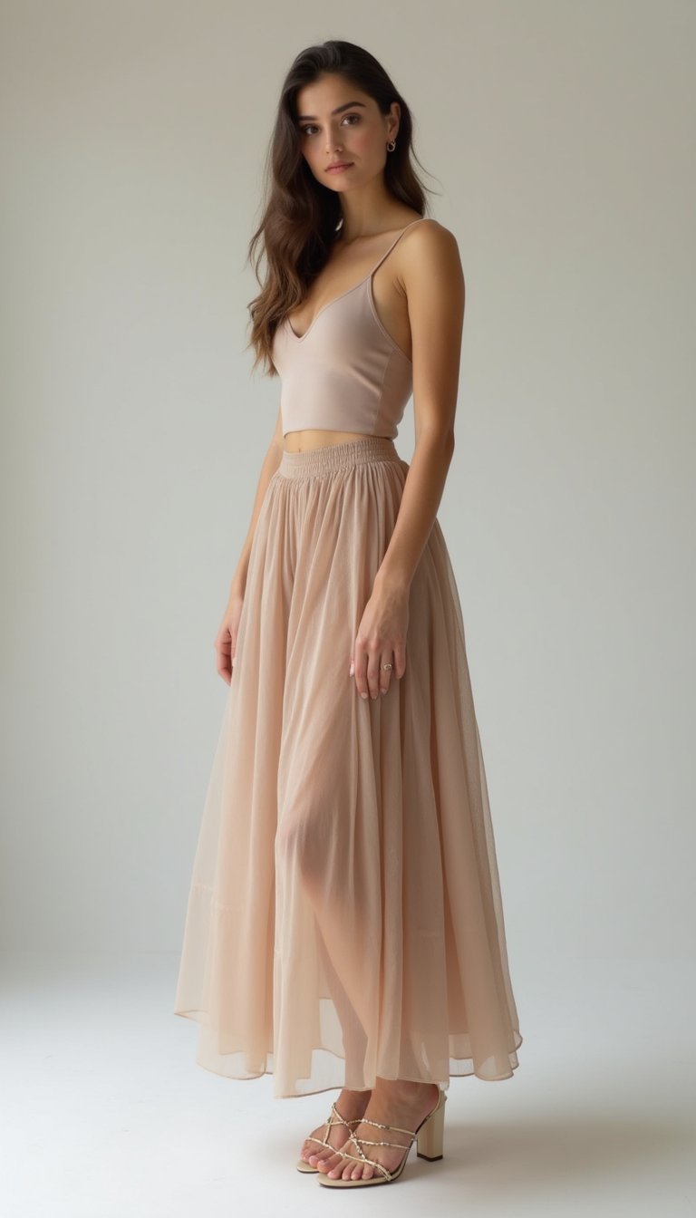 Jupe Longue Transparente Superposée Et Body Minimal