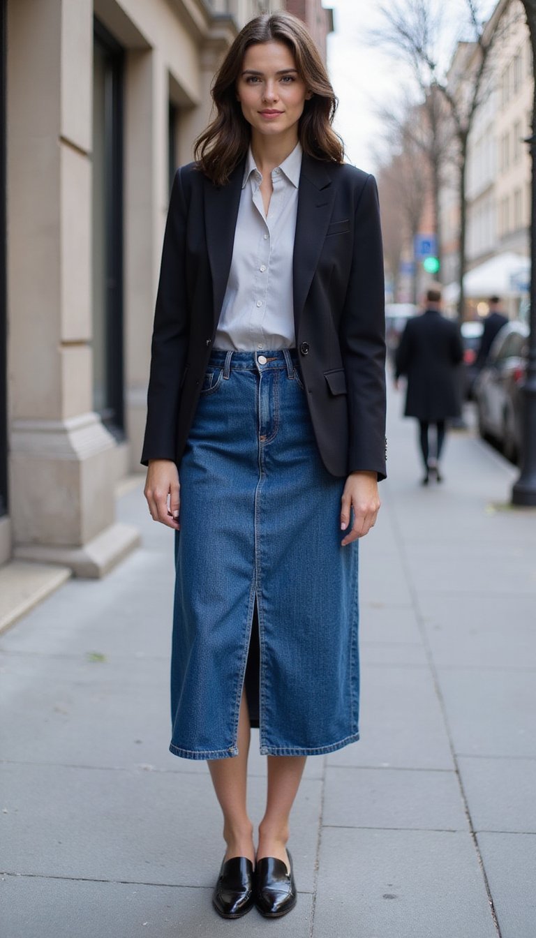 Jupe Midi En Jean Et Blazer Structuré