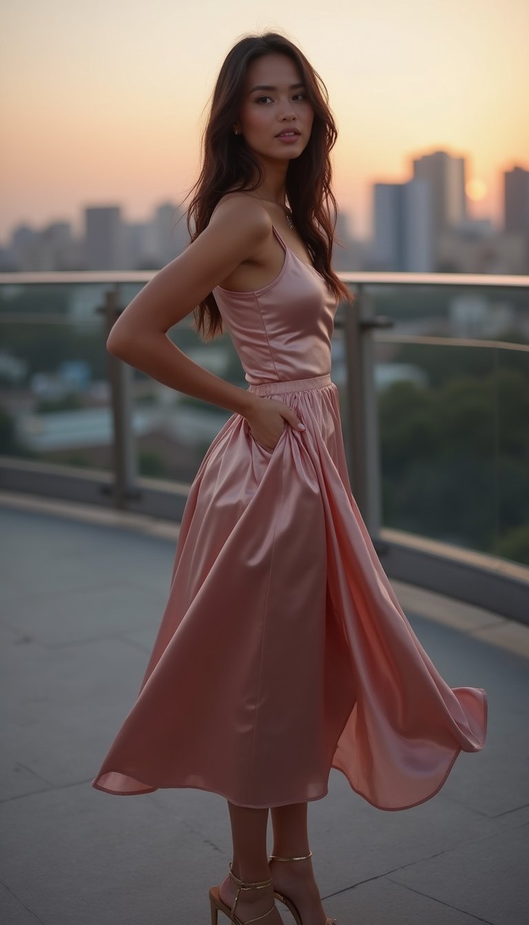 Jupe Midi Satinée Avec Top Bretelles Fins