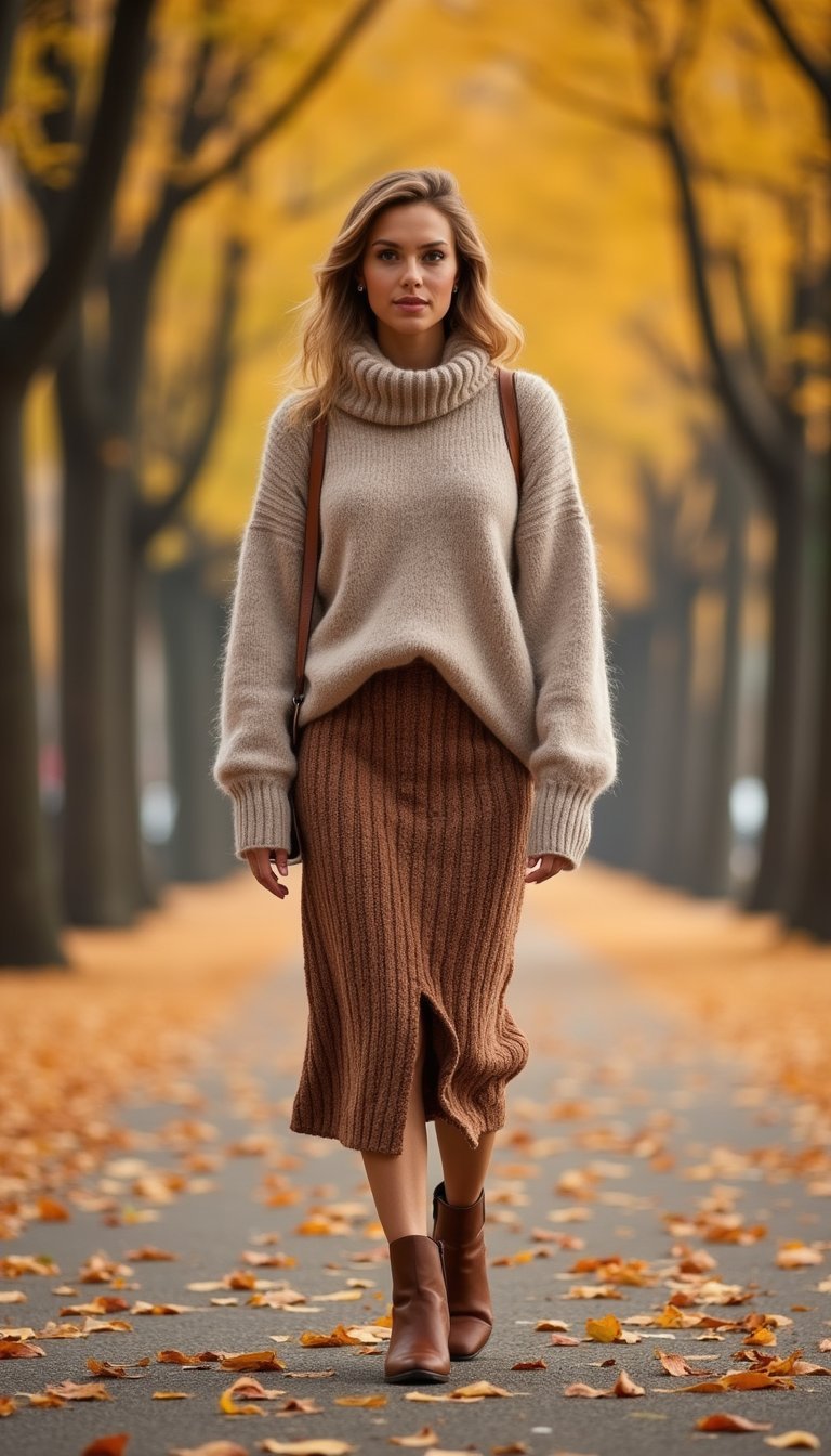 Pull Doux Et Jupe Midi Pour Automne Ensoleillé