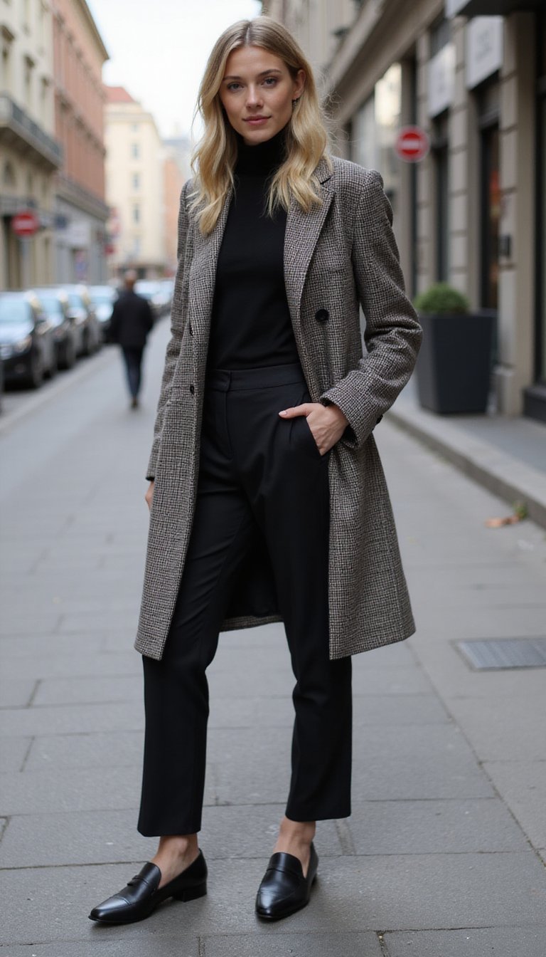 Mocassins À Bout Carré Et Manteau Long À Carreaux