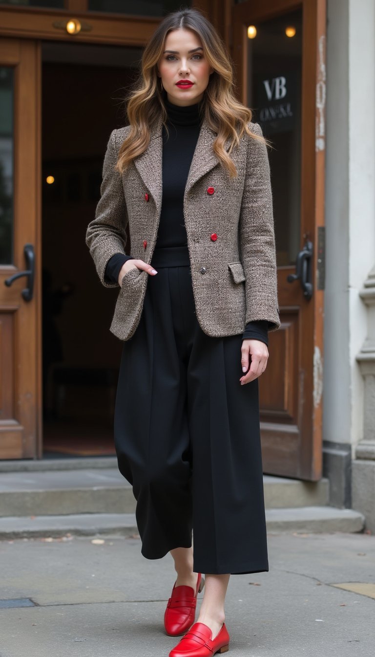 Mocassins En Cuir Rouge Et Veste En Tweed Vintage