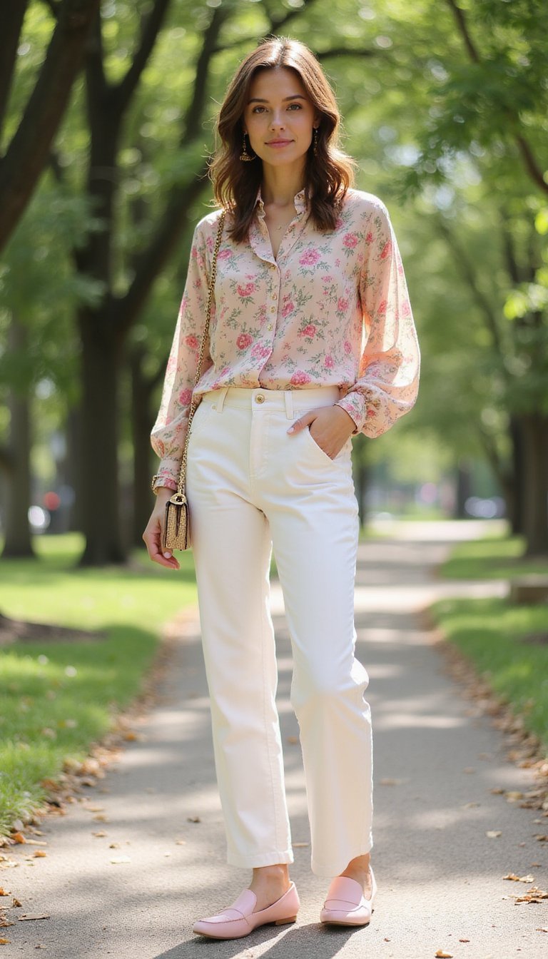 Mocassins Pastel Et Chemisier Imprimé Romantique