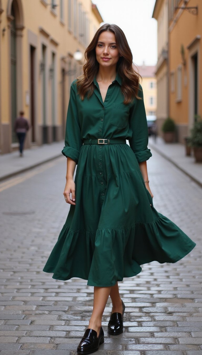 Robe Midi Fluide Et Mocassins Vernis Chics