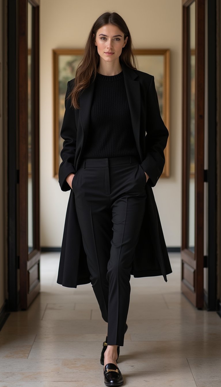 Total Black Chic Avec Mocassins À Boucle Fine