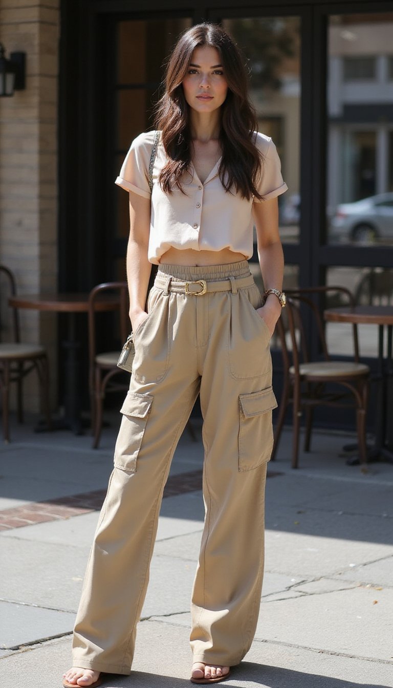 Cargo Taille Haute Et Chemise Satinée Chic