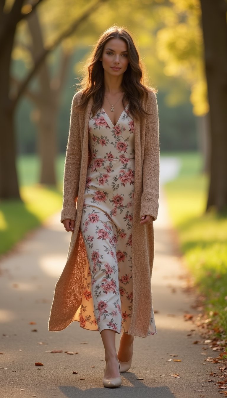 Cardigan Maille Long Avec Robe Fleurie Bohème