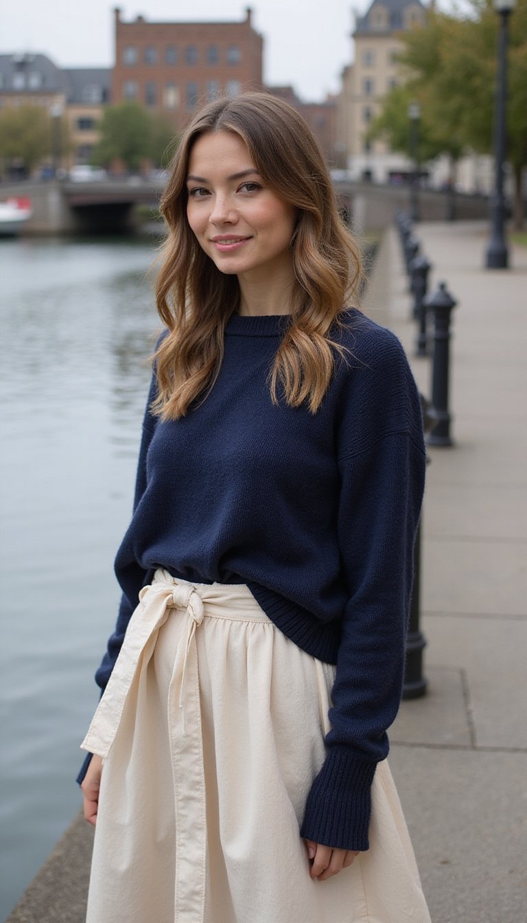 Pull Bateau Léger Et Jupe Portefeuille Fluide