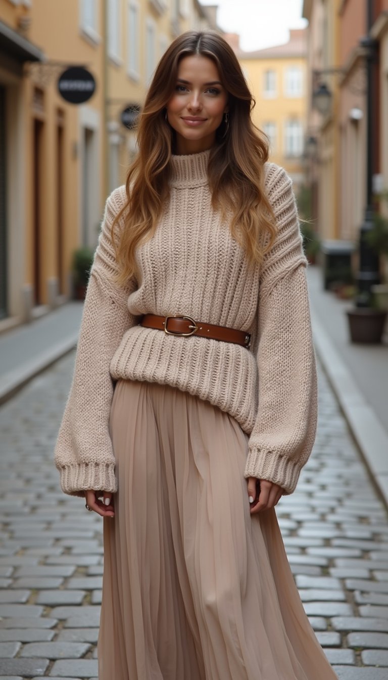 Pull Maille Oversize Ceinturé Sur Robe Midi