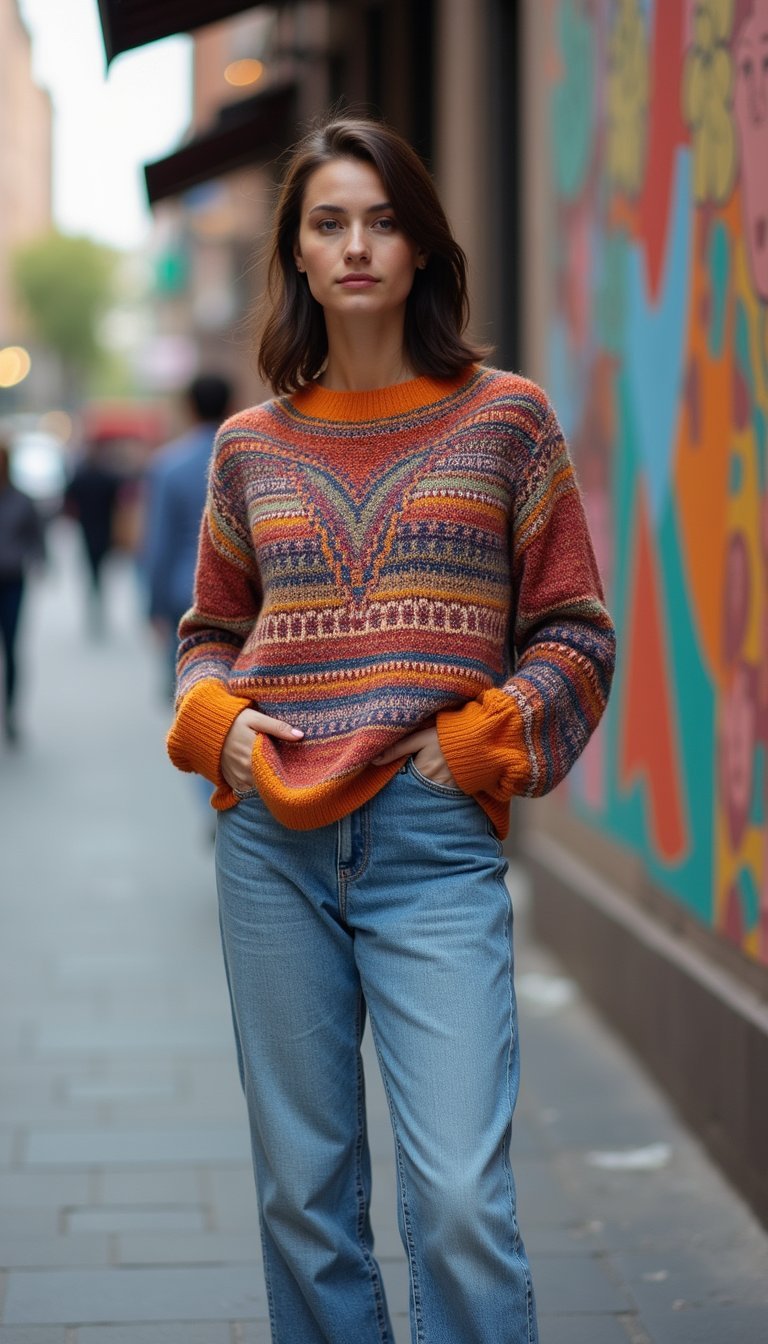 Pull À Motifs Colorés Et Denim Délavé Relax
